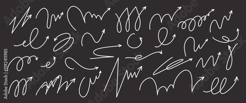 Bounce, quirky squiggly arrow lines with spiral and twist designs. Playful jump hand drawn elements. Includes ball motion paths for sports. Vector illustration isolated