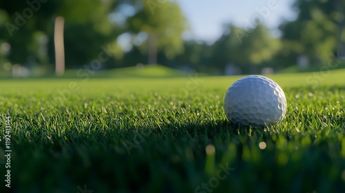 A close-up of a golf ball resting on lush green grass in a serene outdoor setting.