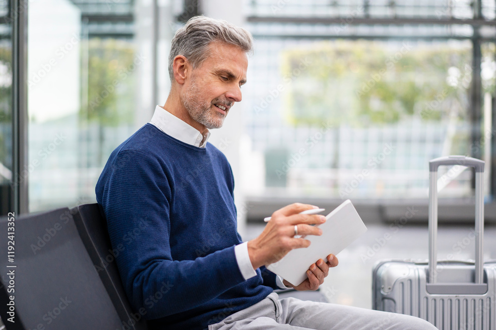 Mature businessman sitting and using tablet PC at airport Mature businessman sitting and using tablet PC at airport