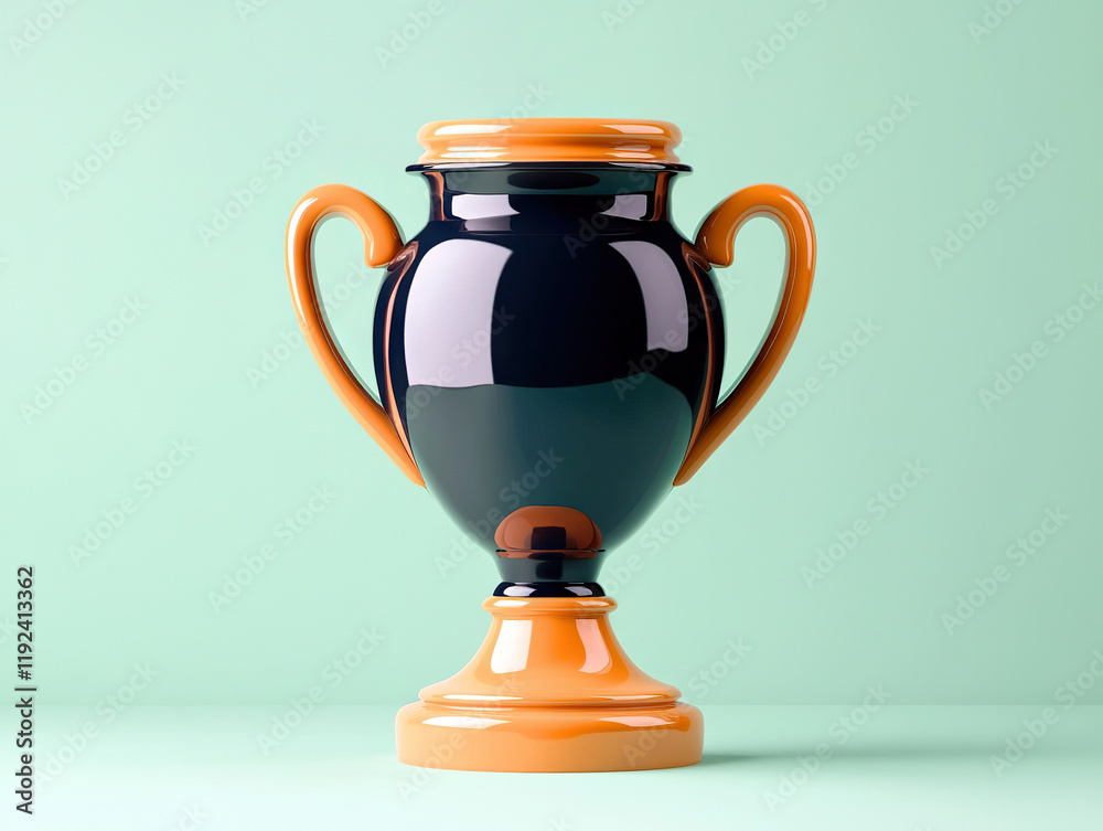 Fototapeta premium Decorative ceramic trophy with orange and navy blue colors displayed against soft green background