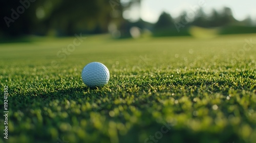 A close-up of a golf ball resting on lush green grass in a serene outdoor setting.