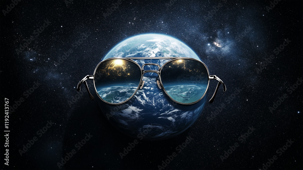 Obraz premium サングラスをかけた地球を宇宙から眺める奇想天外なイメージ