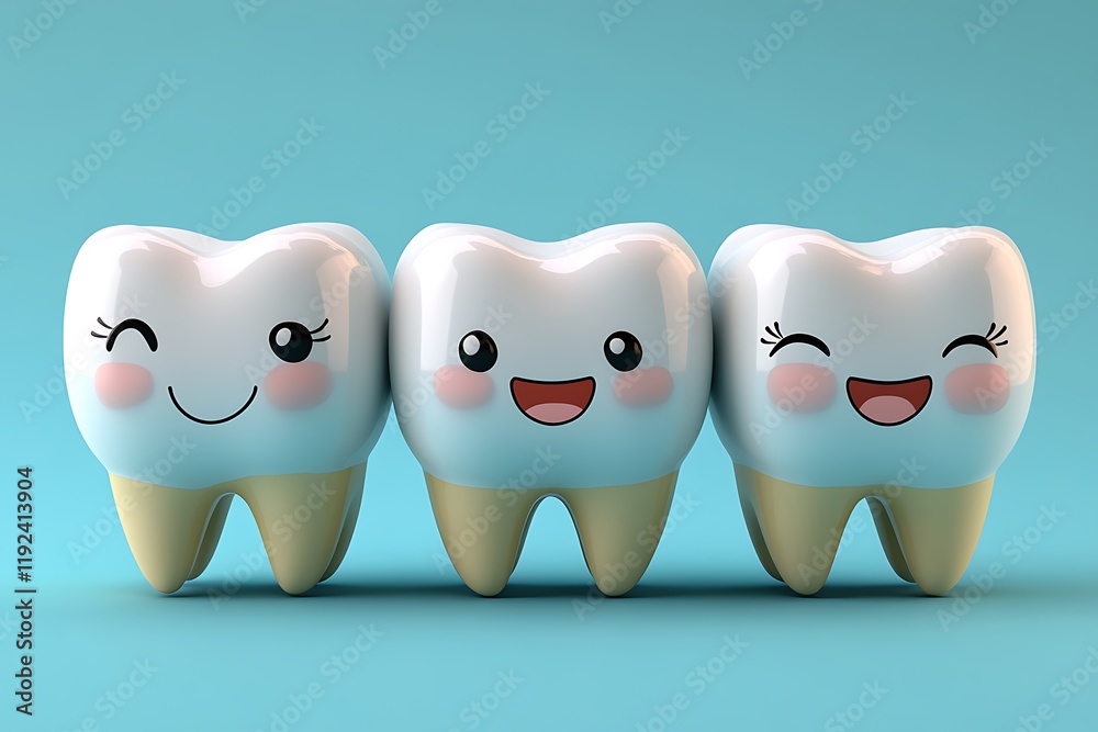 Fototapeta premium Cute Cartoon Teeth Smiling Against a Blue Background