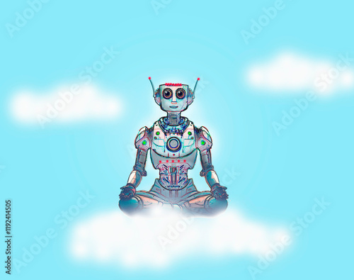 Concept illustration of a robot meditating on a cloud in the sky photo