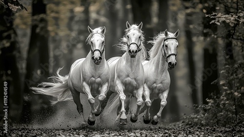 Three Majestic White Horses Running Through a Dark Forest: A Stunning Black and White Photography