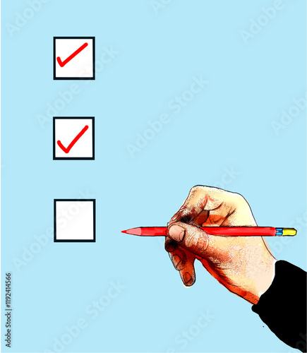 Illustration of a hand with a red pencil ticking boxes on a checklist