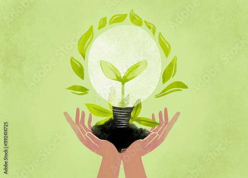 Illustration of hands holding a plant growing inside a light bulb symbolizing green energy and innovation