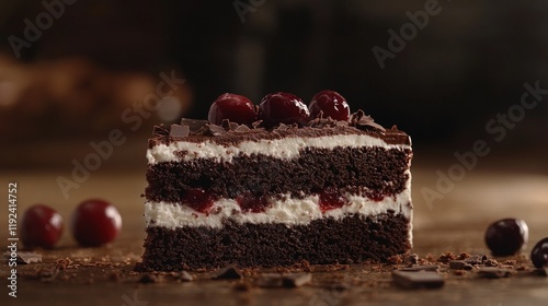 A decadent slice of Black Forest cake, adorned with cherries and chocolate shavings, sits on a wooden surface. photo