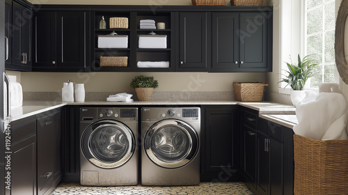 Modern Laundry Room with Dark Cabinets