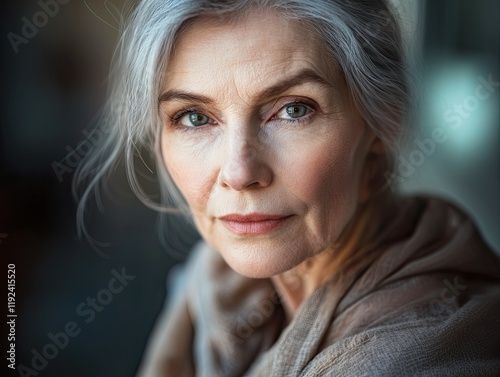 Portrait captures serene expression of an older woman showcasing