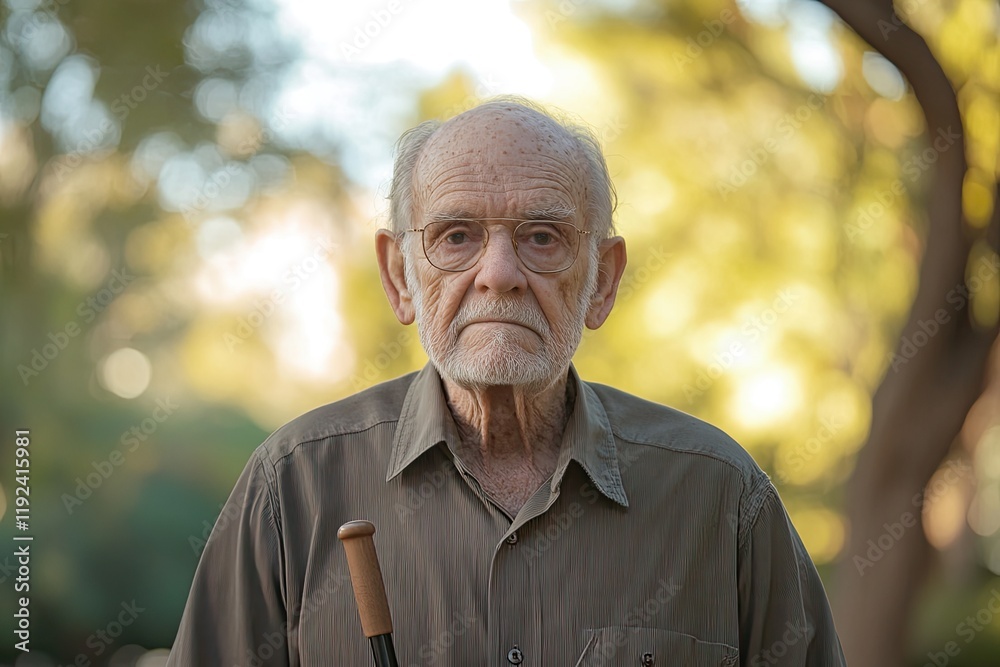 Elderly man stands confidently in serene park, showcasing wisdom Elderly man stands confidently in serene park, showcasing wisdom