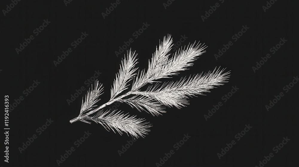 Obraz premium Elegant White Pine Branch on a Striking Black Background, Minimalist Botanical Illustration.