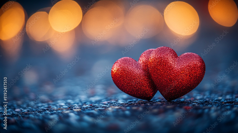 Fototapeta premium Two glittering red hearts symbolize love and affection during Valentine's Day celebration