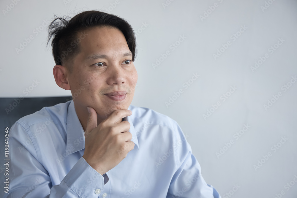 Southeast Asian businessman, office worker thinking, planning, finding a good idea Southeast Asian businessman, office worker thinking, planning, finding a good idea
