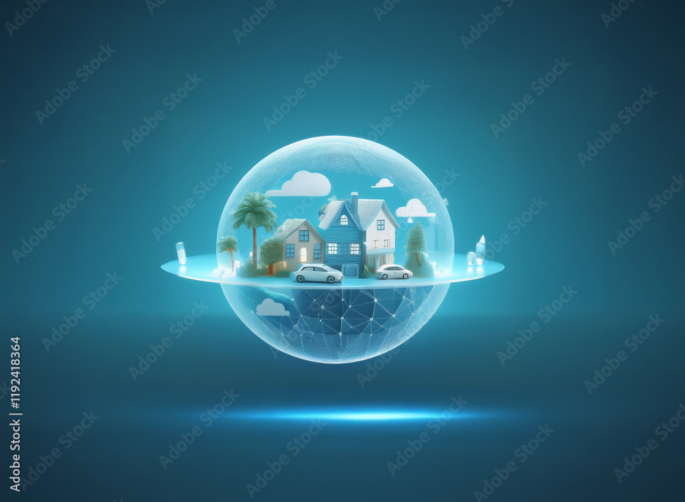 Obraz premium A miniature village nestled within a glowing, protective sphere, symbolizing safety and technological advancement. The scene evokes a sense of futuristic community and environmental consciousness.