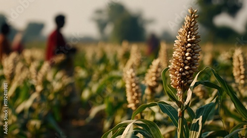 Capturing the unique beauty of sorghum in an Indian farm field with intricate grain details highlighting its potential as a crop