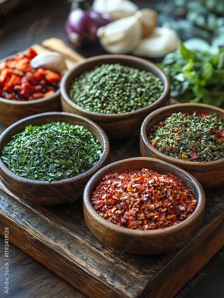 Dried herbs and spices in bowls on wooden board, kitchen prep Dried herbs and spices in bowls on wooden board, kitchen prep