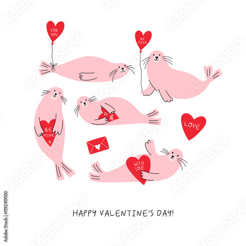 Cute cartoon Seal. Happy Valentine's Day vector card in flat style. Playful print Seal with heart