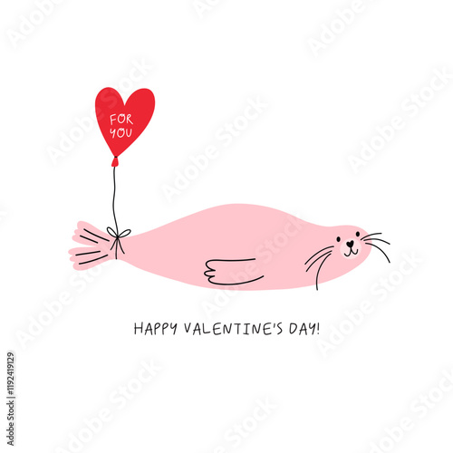 Cute cartoon Seal. Happy Valentine's Day vector card in flat style. Playful print Seal with heart