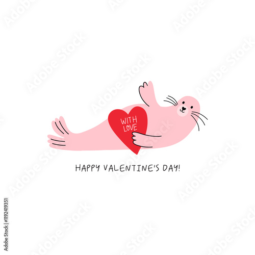 Cute cartoon Seal. Happy Valentine's Day vector card in flat style. Playful print Seal with heart