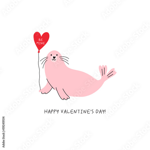 Cute cartoon Seal. Happy Valentine's Day vector card in flat style. Playful print Seal with heart