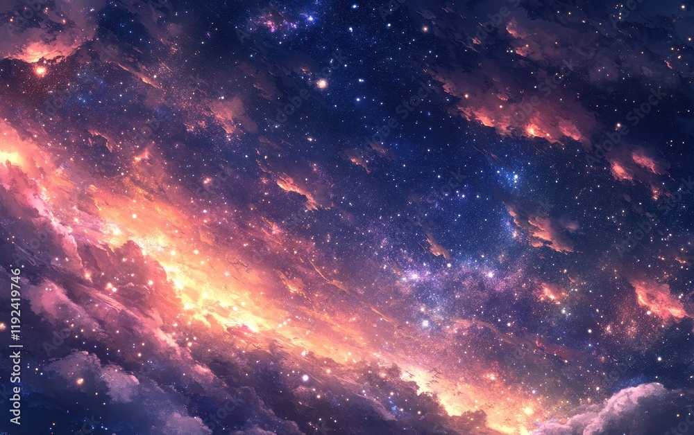 Fototapeta premium Dramatic Starry Sky with Radiant Clouds and Cosmic Dust, Digital Art.