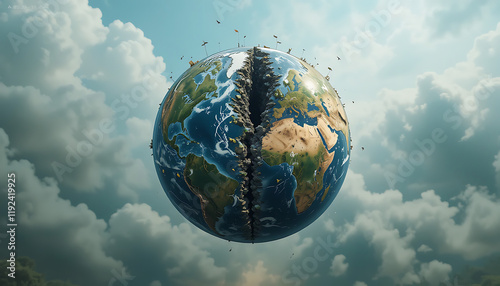 Planet earth with one half destroyed and one half preserved, earth day concept, environment preservation concept, Generative AI