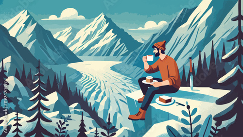 A man enjoying a cup of coffee and a plate of bread by the side of a glacier, with views of snowy mountains and dense forests 