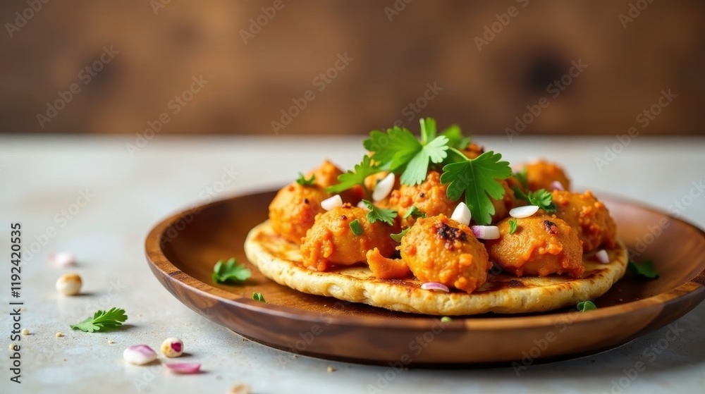 Savory Spiced Meatballs on a Flatbread with Fresh Herbs and Onions, Served on a Rustic Wooden Plate Savory Spiced Meatballs on a Flatbread with Fresh Herbs and Onions, Served on a Rustic Wooden Plate