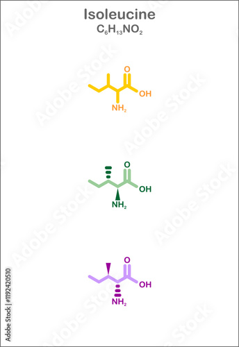 Isoleucine. Stylized structural formulas. Display of the unspecific-,  L- and D-Enantiomer formulas.
