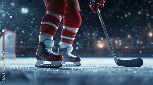 A close-up of a hockey player's skates and stick on an icy rink during a snowy night.