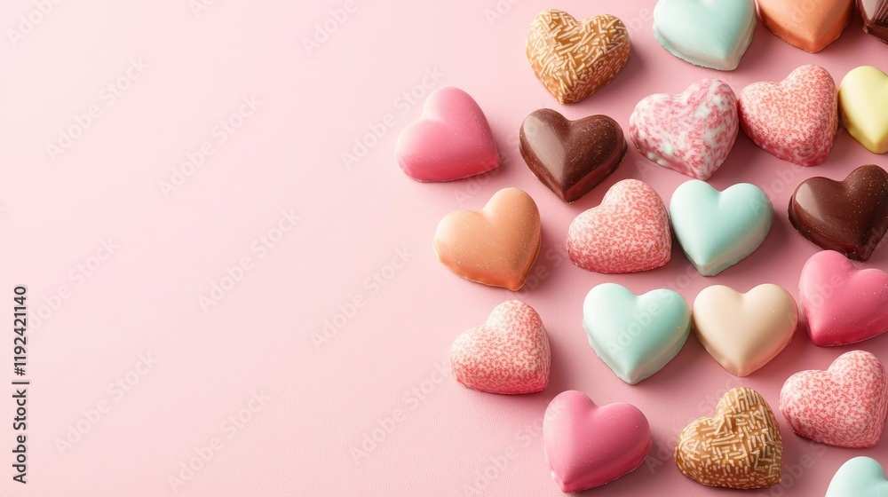 Valentine chocolates concept. Sweet heart-shaped chocolates in various colors on a soft pink background. Valentine chocolates concept. Sweet heart-shaped chocolates in various colors on a soft pink background.