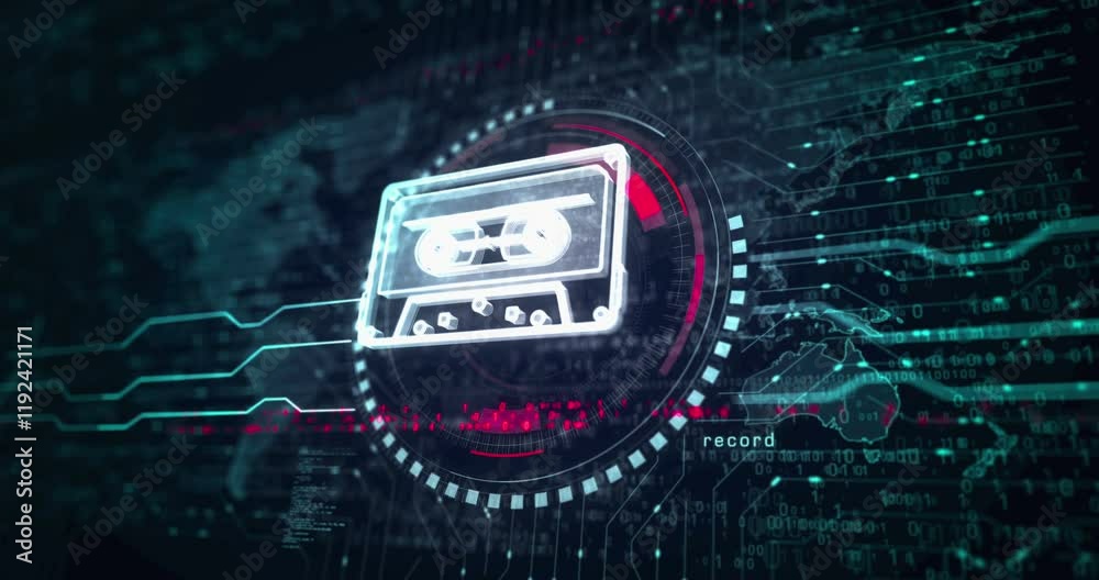 Audio Cassette tape retro 80s music record symbol abstract digital concept. Global network and cyber technology background seamless and looped 3d animation.