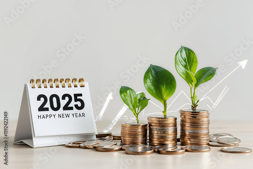 2025 desk calendar Plants growing up on stack of coins The concept of business growth Financial investment Market stock Profit return Dividend and Business fund in year 2025.