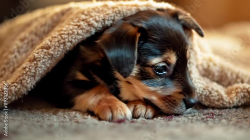Playful puppy digs a small 'tunnel' into a blanket with its paws, showcasing natural instincts in a cozy domestic setting. A charming and energetic moment