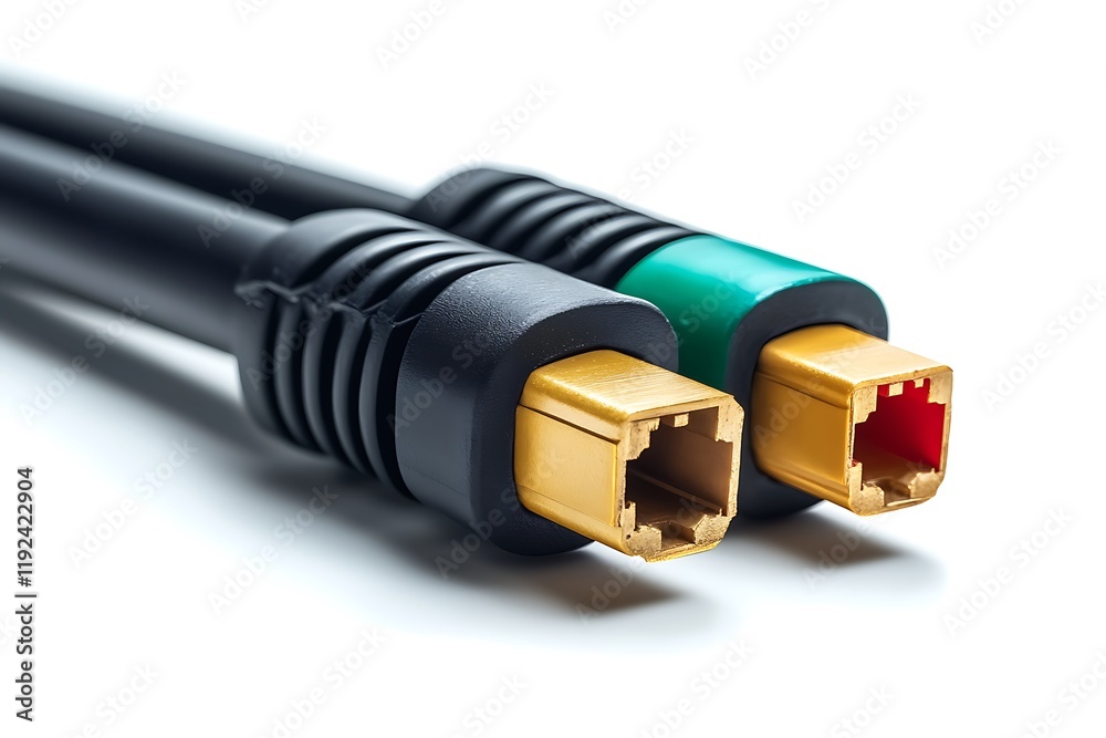 Close-up of two black network cables with gold connectors. Close-up of two black network cables with gold connectors.