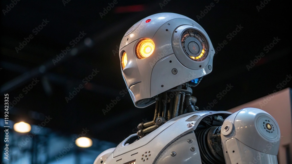 Fototapeta premium A robot with glowing eyes focused on the task at hand. Robot in profile with brightly glowing eyes symbolizing active thinking and analysis. The background is dark to emphasize the details of the robo