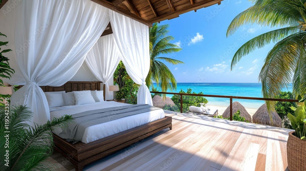 Fototapeta premium Serene Bedroom with Ocean View and Tropical Vibes in Paradise