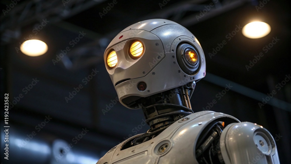 Fototapeta premium A robot with glowing eyes focused on the task at hand. Robot in profile with brightly glowing eyes symbolizing active thinking and analysis. The background is dark to emphasize the details of the robo