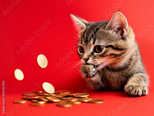 cat bites a lucky bag, A few gold coins fell from above,red color background, the camera is a long shot, you can see the whole body of the cat photo