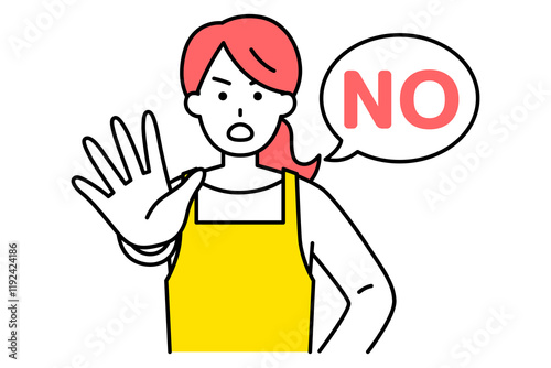 右手を前に出してNOと言うエプロン姿の女性
