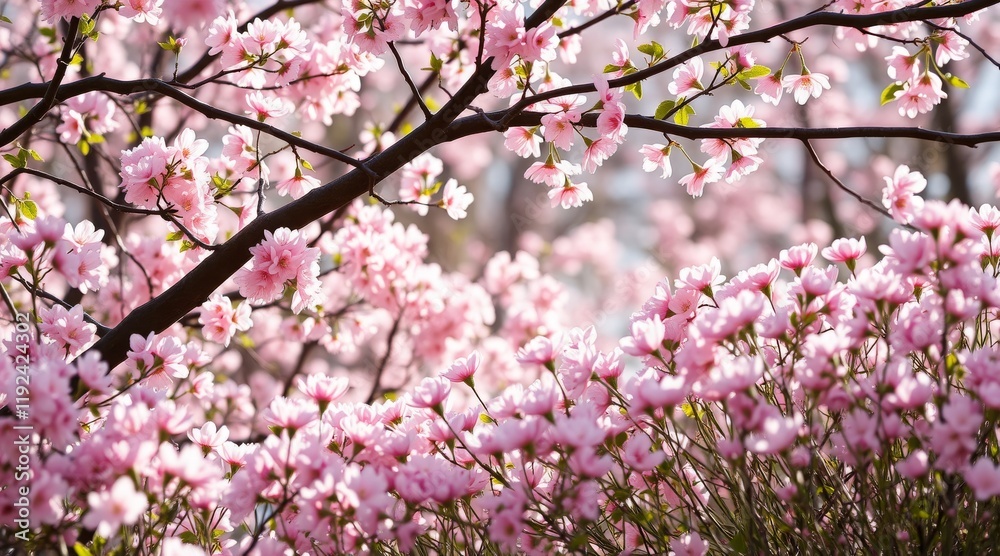 Lush pink blossoms frame a tranquil scene, capturing the essence of springtime beauty Lush pink blossoms frame a tranquil scene, capturing the essence of springtime beauty