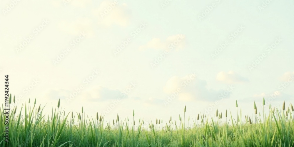 Fototapeta premium Serene Meadow Landscape Featuring Vibrant Green Grass and a Soft, Cloudy Sky