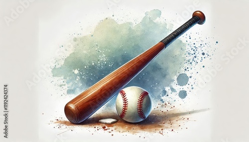 Wooden baseball bat and ball with base on a watercolor splashed background. Sports equipment illustration for design and print