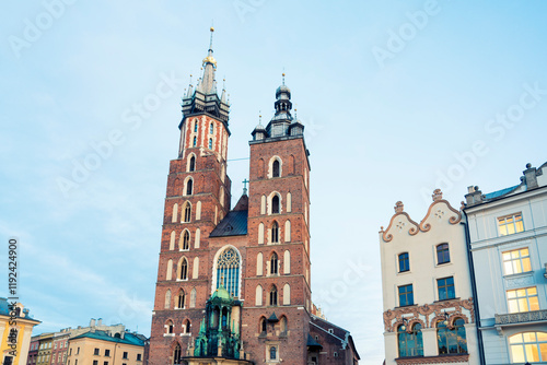 St. Mary's Basilica in Krakow, Poland with its iconic Gothic architecture and twin towers. photo