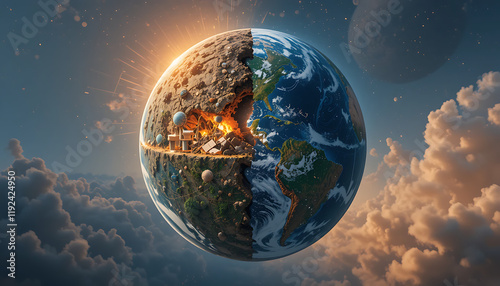 Planet earth with one half destroyed and one half preserved, earth day concept, environment preservation concept, Generative AI