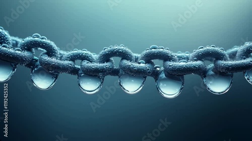 Glowing water droplets align perfectly in a seamless chain, symbolizing how small elements connect to create unity, harmony, and simplicity in a surreal setting