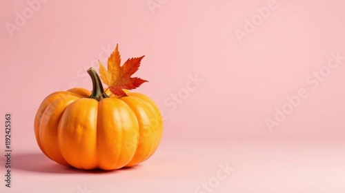 A vibrant orange pumpkin adorned with a single autumn leaf rests elegantly against a soft pink backdrop, creating a charming autumnal scene.