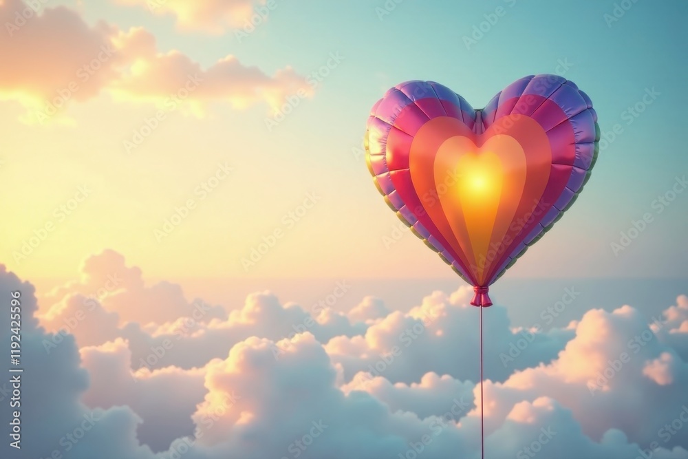 Fototapeta premium Heart-shaped balloon ascends through a dreamy, pastel sky filled with fluffy clouds at sunset.