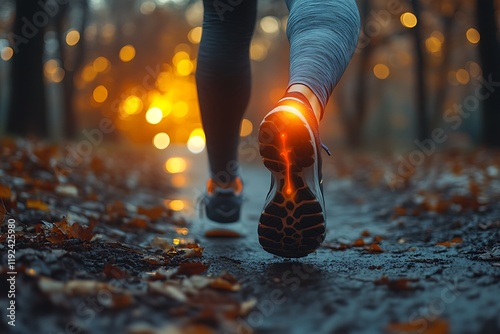Close-up of a runner's foot with highlighted pain in autumnal park.